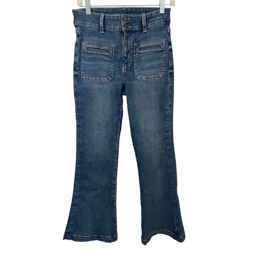 American Eagle Size 4 Super Hi-Rise Flare Jeans Patch Pockets Next Lvl Stretch